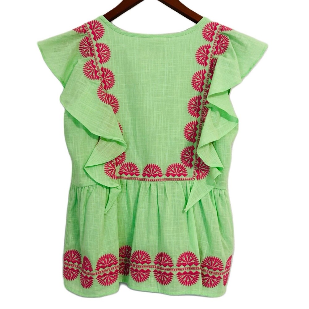 J.Marie Blouse Women S Green Pink Cotton Blend Embroidery Ruffle Boho Resort - Picture 2 of 12